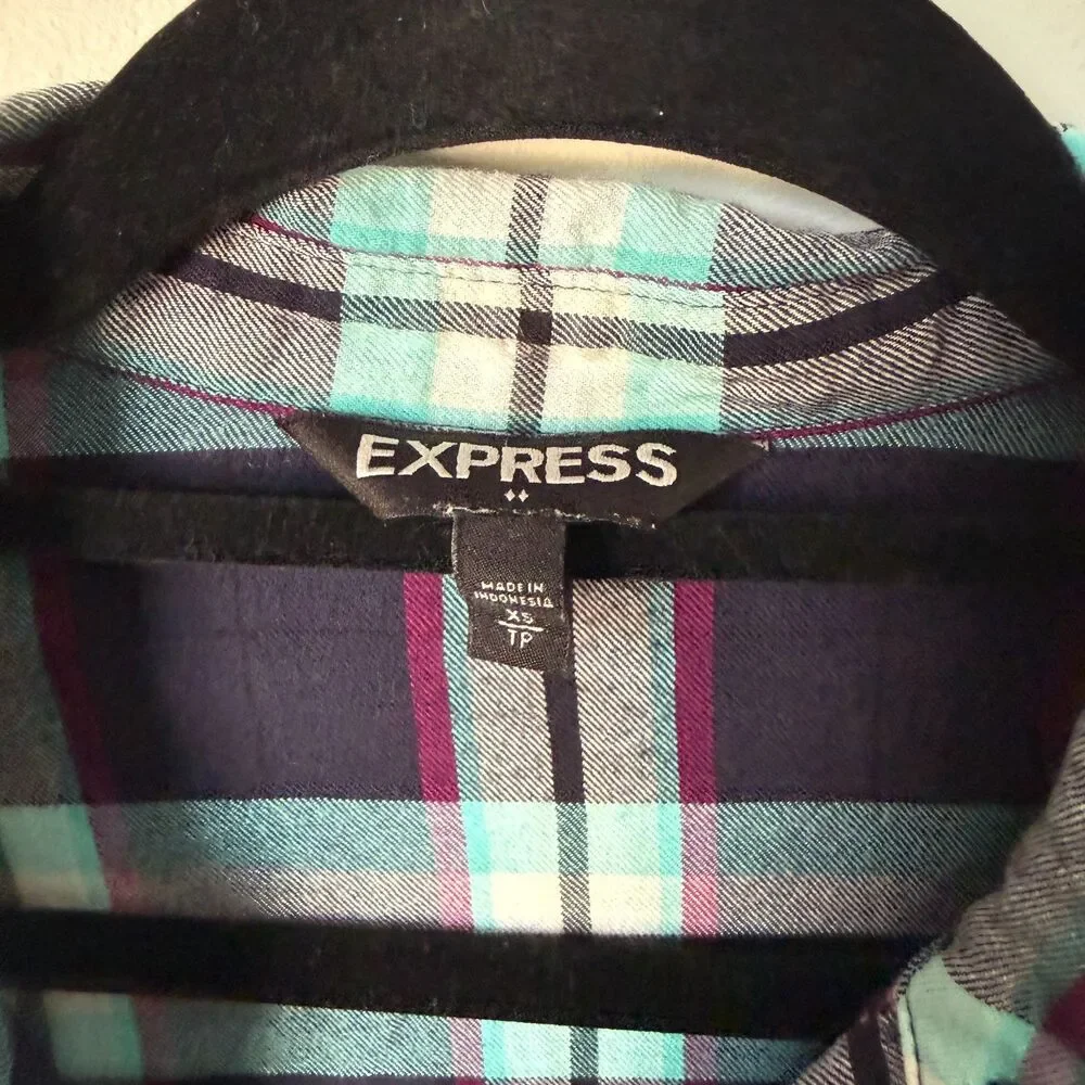 Express Plaid Flannel Button Down Shirt Size XS Roll Tab Sleeve Teal Purple